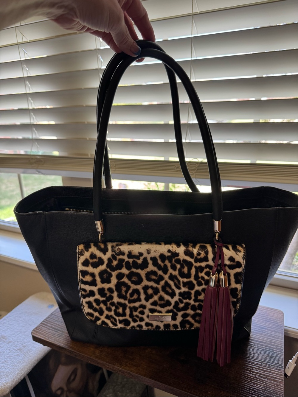 Kate Spade Black Leather Leopard Calf Hair Tote Bag with Tassels